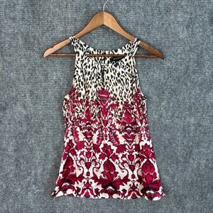 White House Black Market Silk Sleeveless Top Leopard Floral Print Ref Black Sz 6